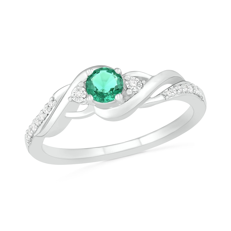 4.0mm Lab-Created Emerald and 0.04 CT. T.W. Diamond Bypass Frame Twist Shank Ring in Sterling Silver