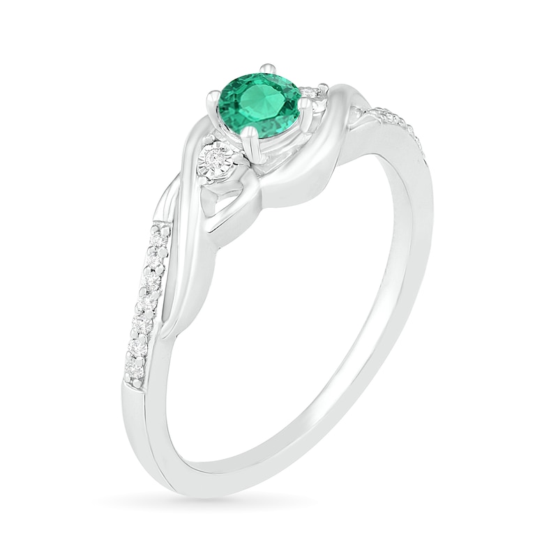 Main Image 2 of 4.0mm Lab-Created Emerald and 0.04 CT. T.W. Diamond Bypass Frame Twist Shank Ring in Sterling Silver