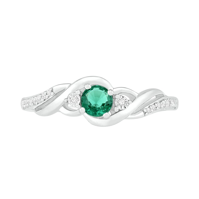 4.0mm Lab-Created Emerald and 0.04 CT. T.W. Diamond Bypass Frame Twist Shank Ring in Sterling Silver