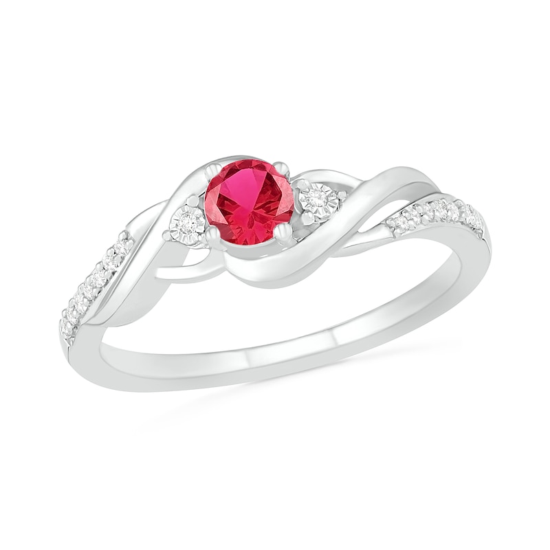 4.0mm Lab-Created Ruby and 0.04 CT. T.W. Diamond Bypass Frame Twist Shank Ring in Sterling Silver