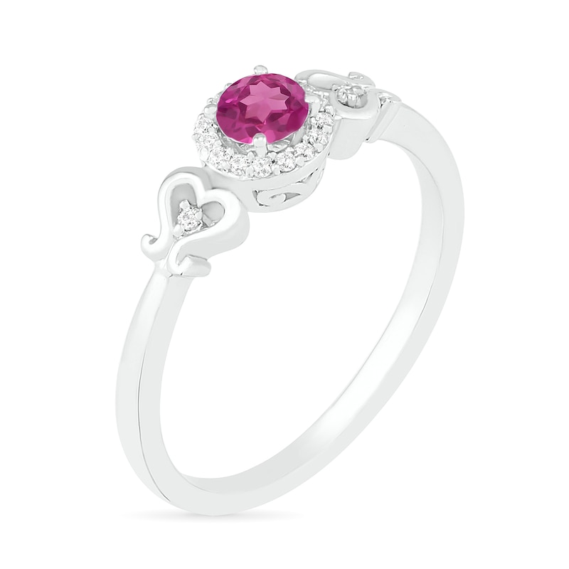 4.0mm Lab-Created Pink Sapphire and 0.04 CT. T.W. Diamond Frame Heart-Sides Ring in Sterling Silver