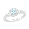Thumbnail Image 0 of 4.0mm Aquamarine and 0.04 CT. T.W. Diamond Cushion Frame Chevron Side Accent Vintage-Style Ring in Sterling Silver