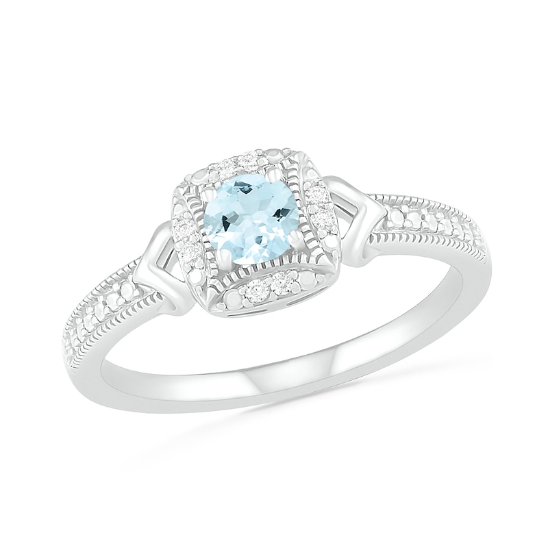 4.0mm Aquamarine and 0.04 CT. T.W. Diamond Cushion Frame Chevron Side Accent Vintage-Style Ring in Sterling Silver