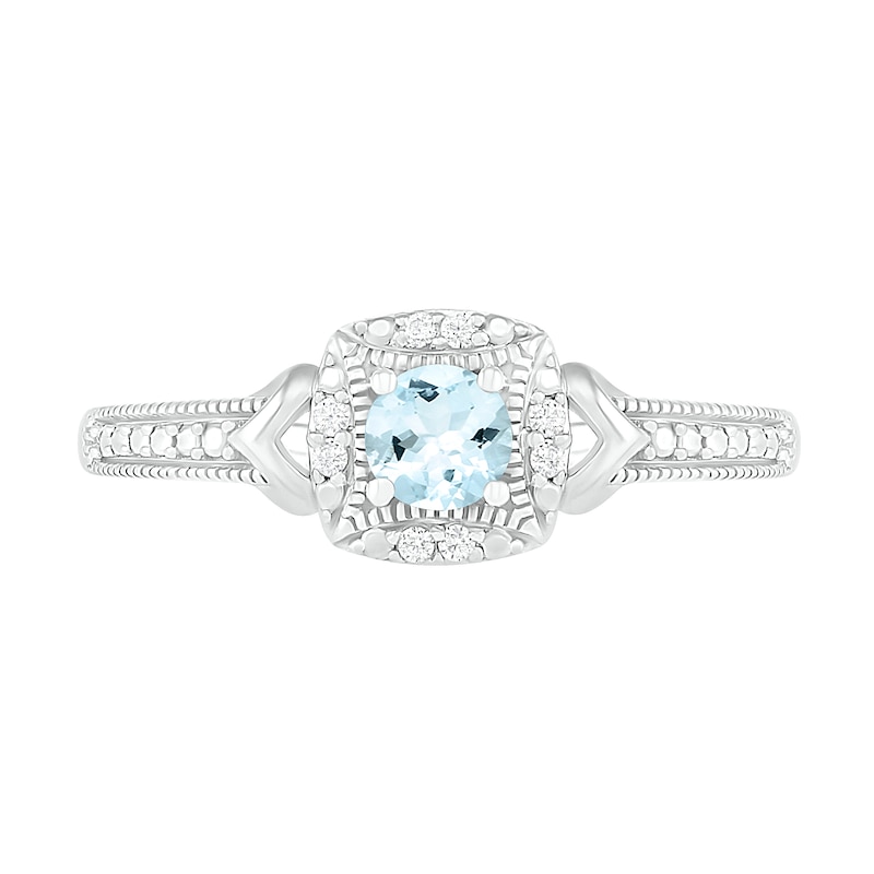 4.0mm Aquamarine and 0.04 CT. T.W. Diamond Cushion Frame Chevron Side Accent Vintage-Style Ring in Sterling Silver