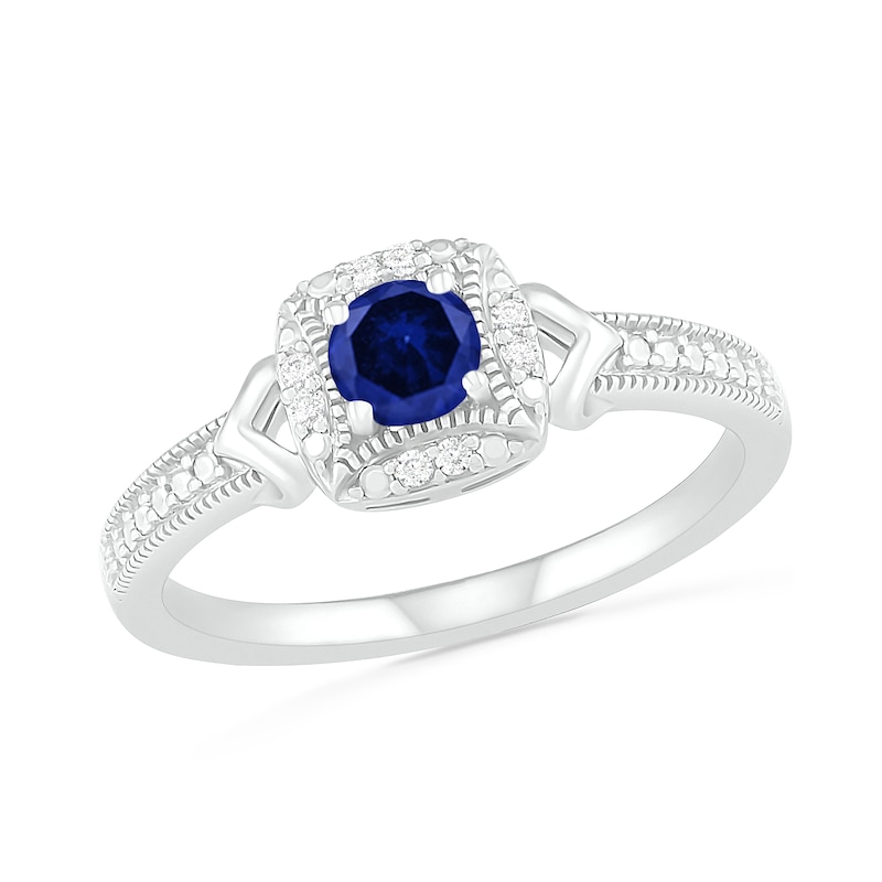 Lab-Created Blue Sapphire and 0.04 CT. T.W. Diamond Cushion Frame Chevron Side Vintage-Style Ring in Sterling Silver