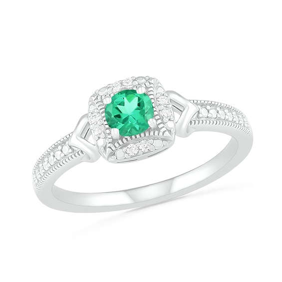 Lab-Created Emerald and 0.04 CT. T.W. Diamond Cushion Frame Chevron Side Accent Vintage-Style Ring in Sterling Silver