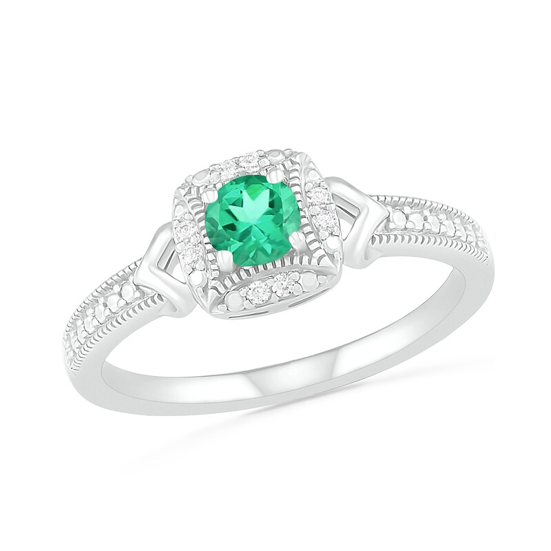 Lab-Created Emerald and 0.04 CT. T.W. Diamond Cushion Frame Chevron Side Accent Vintage-Style Ring in Sterling Silver