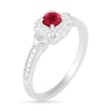 Thumbnail Image 1 of 4.0mm Lab-Created Ruby and 0.04 CT. T.W. Diamond Cushion Frame Chevron Side Accent Vintage-Style Ring in Sterling Silver