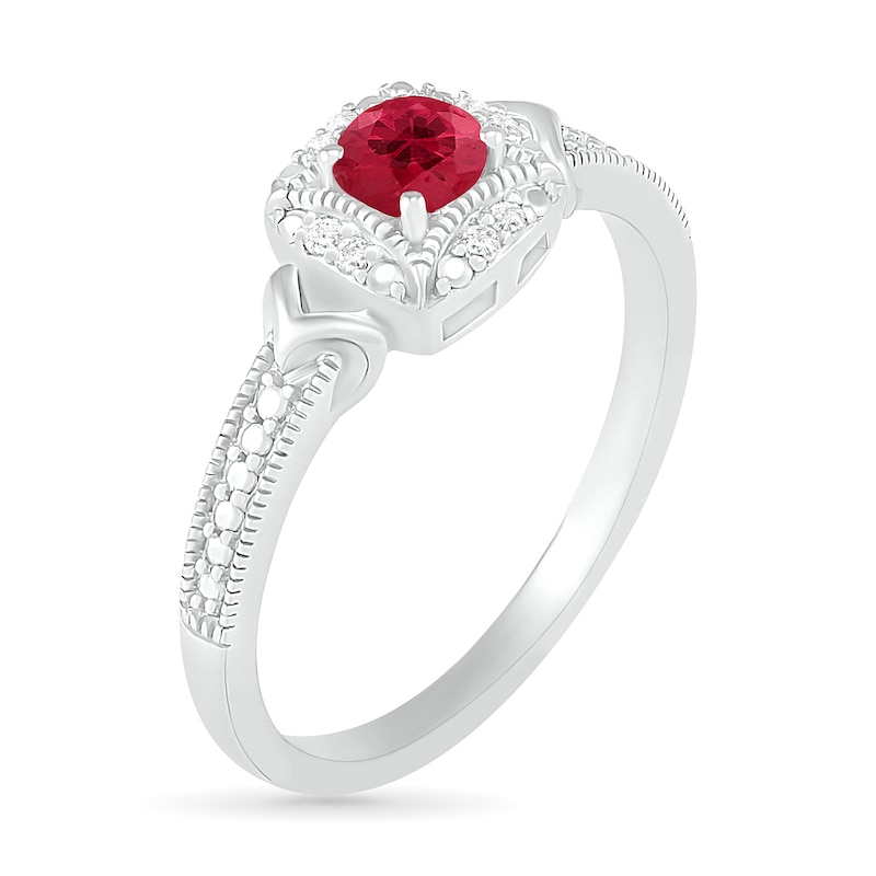 4.0mm Lab-Created Ruby and 0.04 CT. T.W. Diamond Cushion Frame Chevron Side Accent Vintage-Style Ring in Sterling Silver