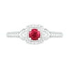 Thumbnail Image 2 of 4.0mm Lab-Created Ruby and 0.04 CT. T.W. Diamond Cushion Frame Chevron Side Accent Vintage-Style Ring in Sterling Silver