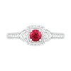 Thumbnail Image 2 of 4.0mm Lab-Created Ruby and 0.04 CT. T.W. Diamond Cushion Frame Chevron Side Accent Vintage-Style Ring in Sterling Silver