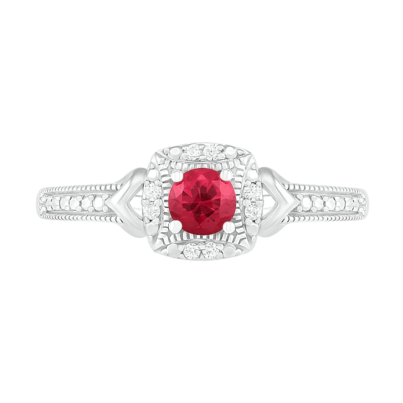 4.0mm Lab-Created Ruby and 0.04 CT. T.W. Diamond Cushion Frame Chevron Side Accent Vintage-Style Ring in Sterling Silver