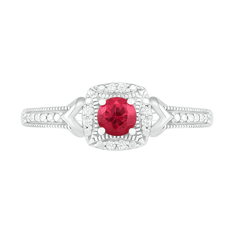 Main Image 3 of 4.0mm Lab-Created Ruby and 0.04 CT. T.W. Diamond Cushion Frame Chevron Side Accent Vintage-Style Ring in Sterling Silver