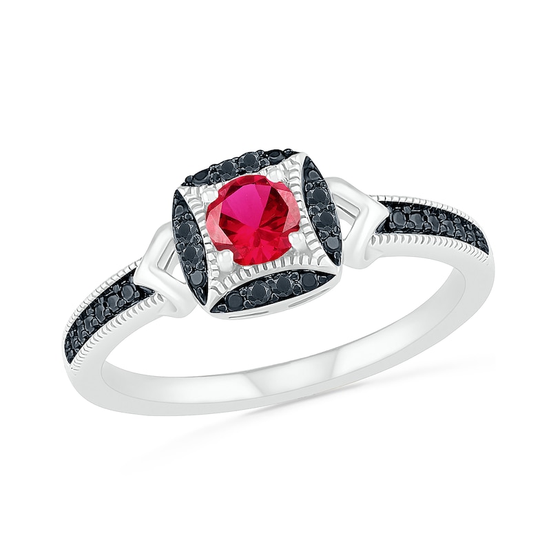 Lab-Created Ruby and 0.04 CT. T.W. Black Diamond Cushion Frame Chevron Vintage-Style Ring in Sterling Silver