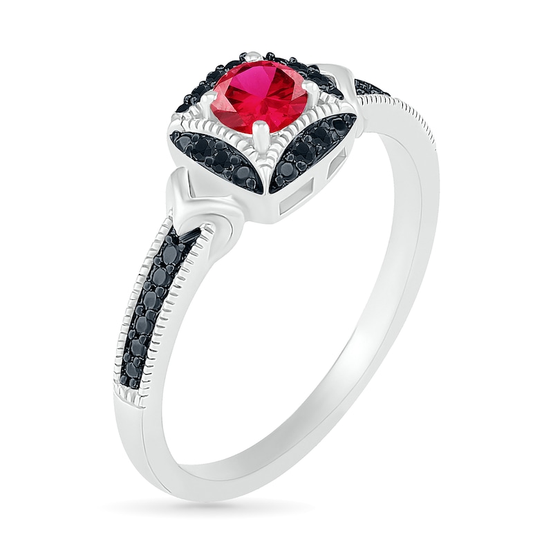 Lab-Created Ruby and 0.04 CT. T.W. Black Diamond Cushion Frame Chevron Vintage-Style Ring in Sterling Silver