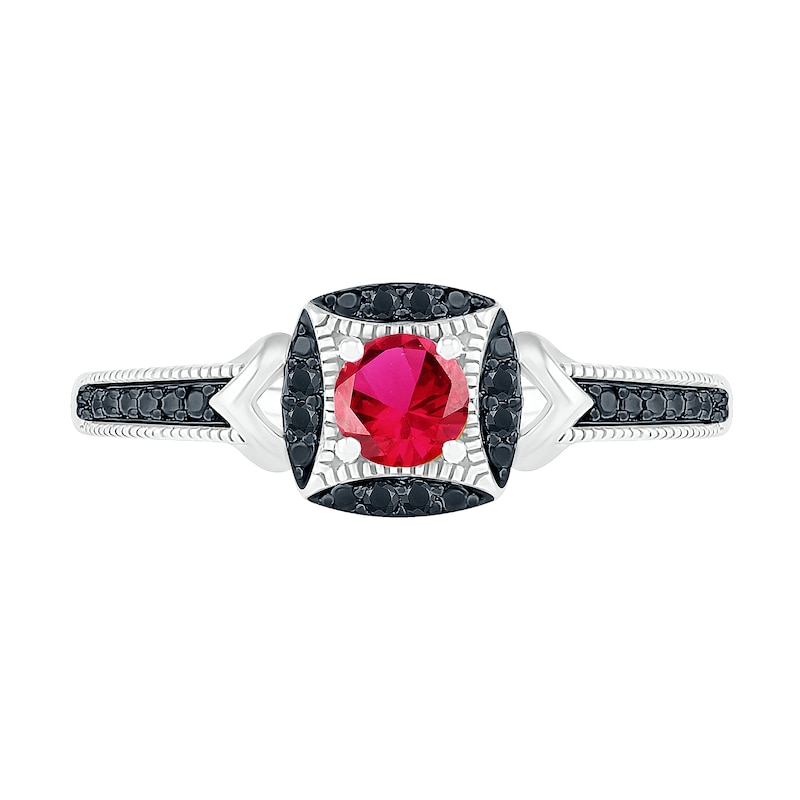 Lab-Created Ruby and 0.04 CT. T.W. Black Diamond Cushion Frame Chevron Vintage-Style Ring in Sterling Silver
