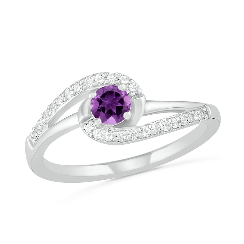4.0mm Amethyst and Lab-Created White Sapphire Bypass Swirl Frame Split Shank Ring in Sterling Silver