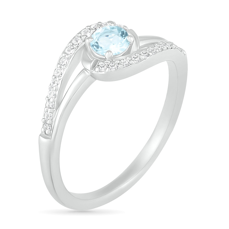 4.0mm Aquamarine and Lab-Created White Sapphire Bypass Swirl Frame Split Shank Ring in Sterling Silver
