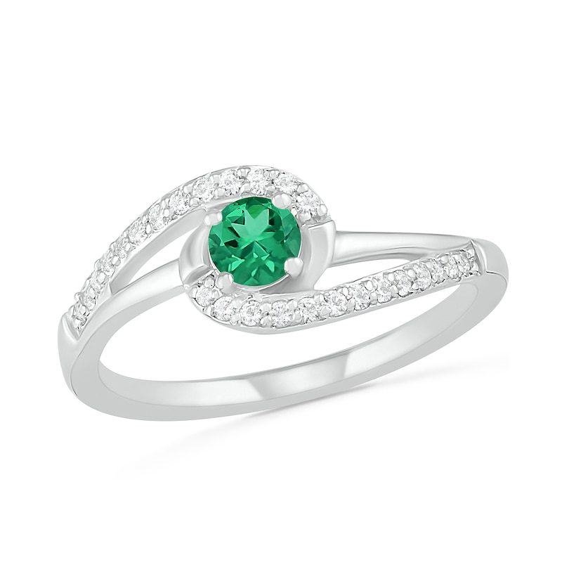 4.0mm Lab-Created Emerald and White Sapphire Bypass Swirl Frame Split Shank Ring in Sterling Silver