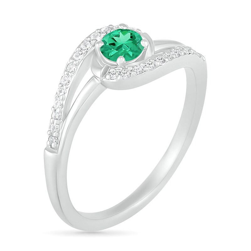 4.0mm Lab-Created Emerald and White Sapphire Bypass Swirl Frame Split Shank Ring in Sterling Silver