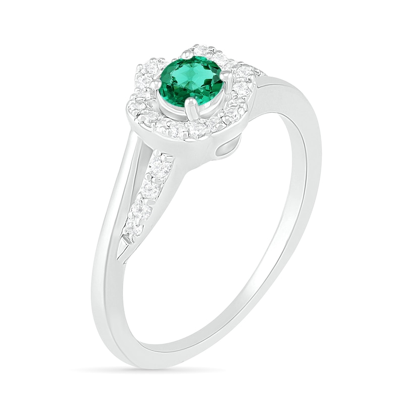 4.0mm Lab-Created Emerald and White Sapphire Frame Bypass Split Shank Flower Ring in Sterling Silver