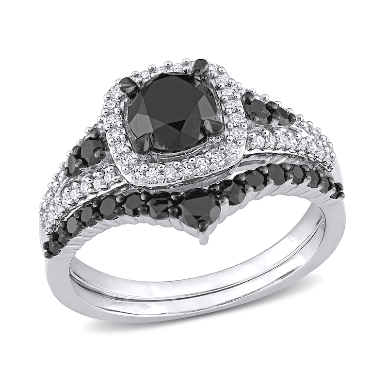 Main Image 1 of 1.46 CT. T.W. Black and White Diamond Cushion Frame Bridal Set in 10K White Gold