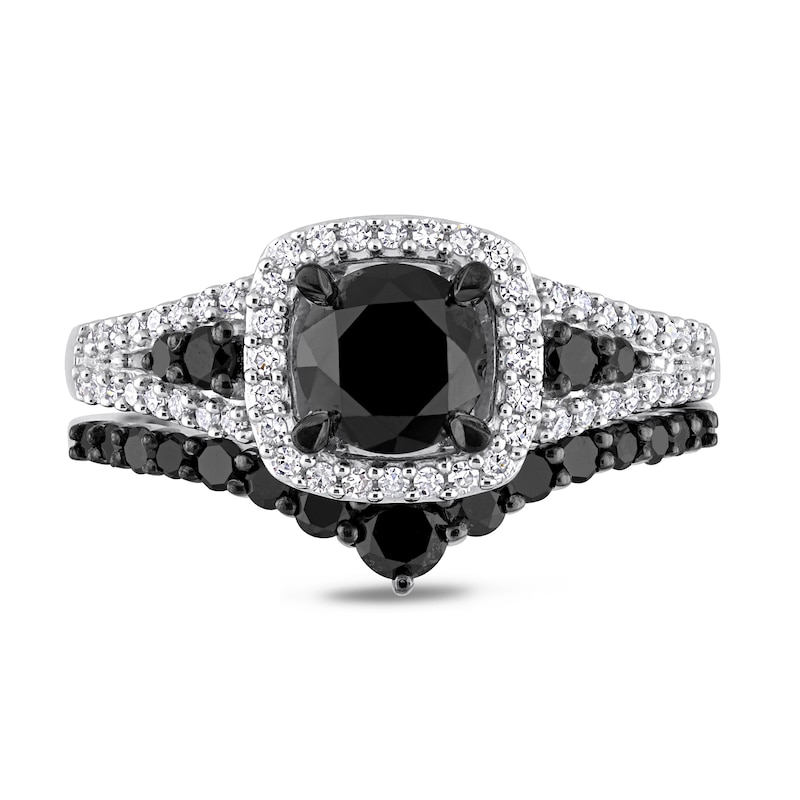 Main Image 4 of 1.46 CT. T.W. Black and White Diamond Cushion Frame Bridal Set in 10K White Gold