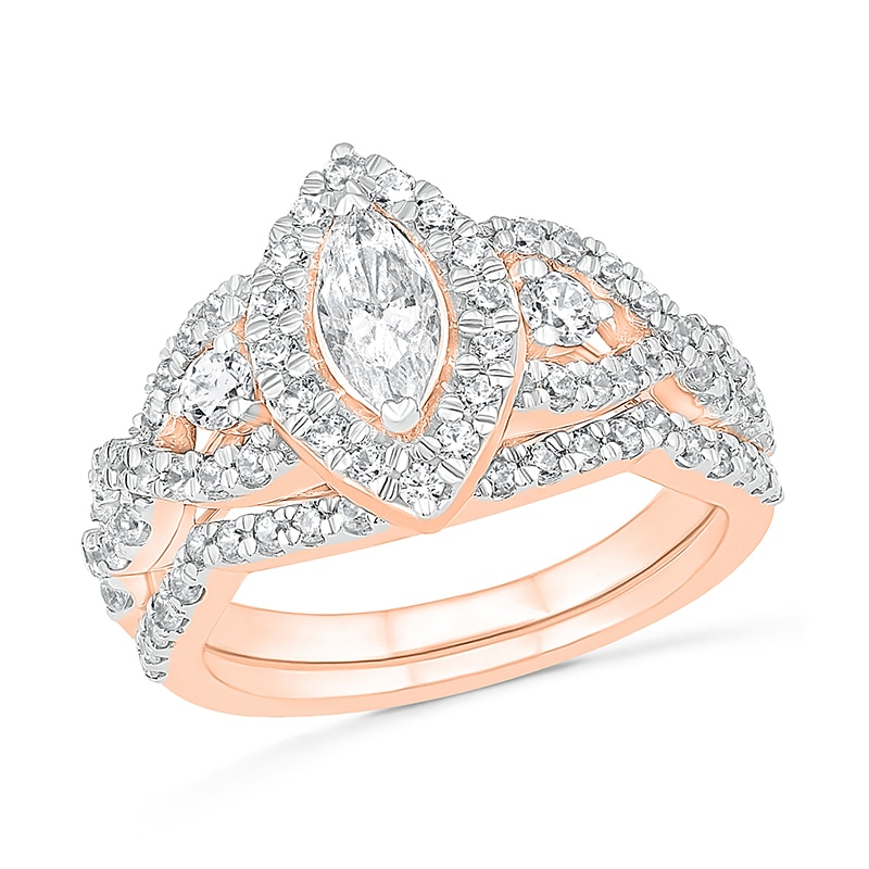 Main Image 1 of 1.45 CT. T.W. Marquise Diamond Frame Vintage-Style Bridal Set in 10K Rose Gold