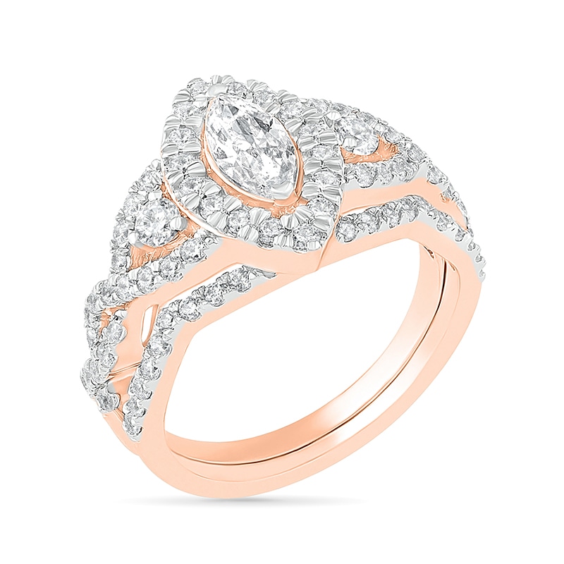 Main Image 2 of 1.45 CT. T.W. Marquise Diamond Frame Vintage-Style Bridal Set in 10K Rose Gold