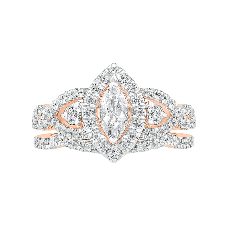 Main Image 4 of 1.45 CT. T.W. Marquise Diamond Frame Vintage-Style Bridal Set in 10K Rose Gold