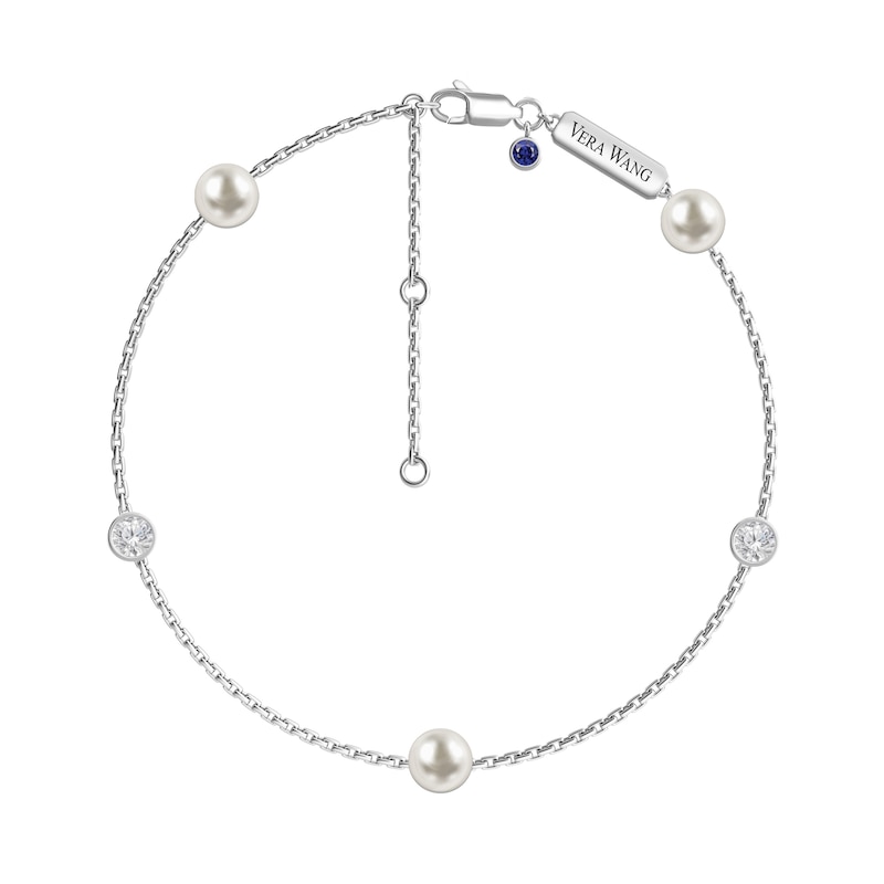 Main Image 1 of Vera Wang Love Collection 6.0mm Freshwater Cultured Pearl and White Topaz Station Bracelet in Sterling Silver-7.5"