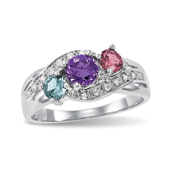 Mother's Birthstone and Cubic Zirconia Swirl Three Stone Ring by