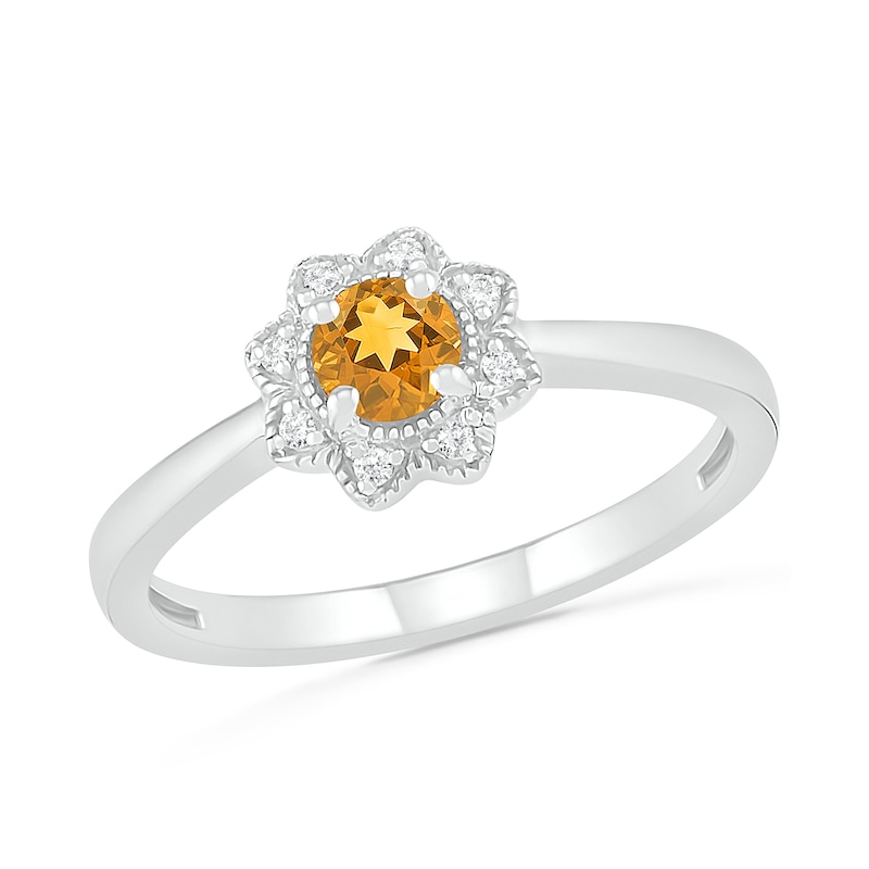 4.0mm Citrine and 0.04 CT. T.W. Diamond Vintage-Style Flower Ring in Sterling Silver