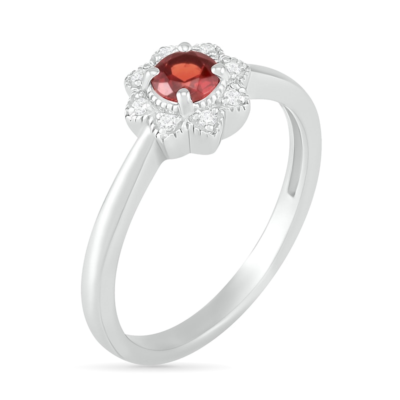 Main Image 2 of 4.0mm Garnet and 0.04 CT. T.W. Diamond Vintage-Style Flower Ring in Sterling Silver