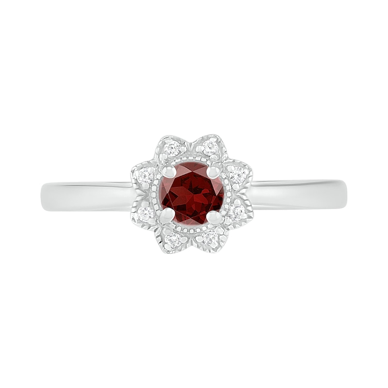 Main Image 3 of 4.0mm Garnet and 0.04 CT. T.W. Diamond Vintage-Style Flower Ring in Sterling Silver