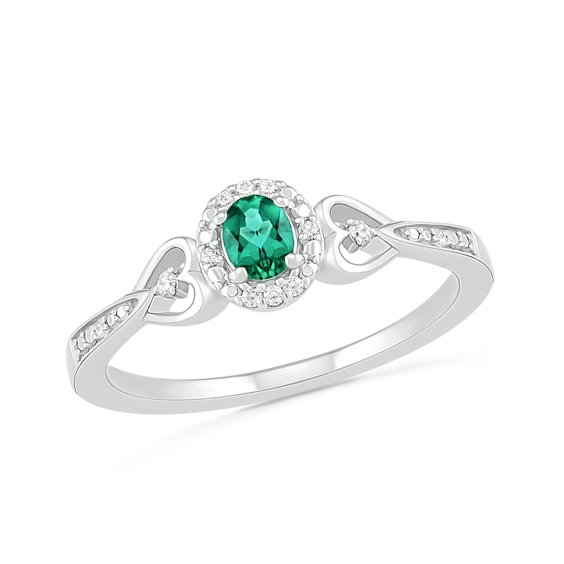 Oval Lab-Created Emerald and 0.04 CT. T.W. Diamond Frame Tapered Heart Shank Ring in Sterling Silver|Peoples Jewellers