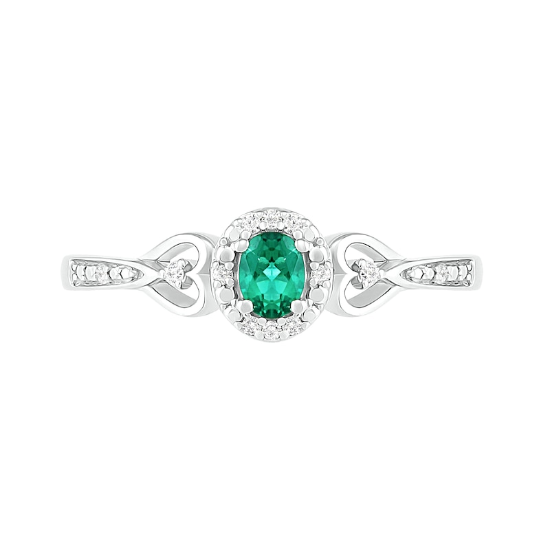 Oval Lab-Created Emerald and 0.04 CT. T.W. Diamond Frame Tapered Heart Shank Ring in Sterling Silver