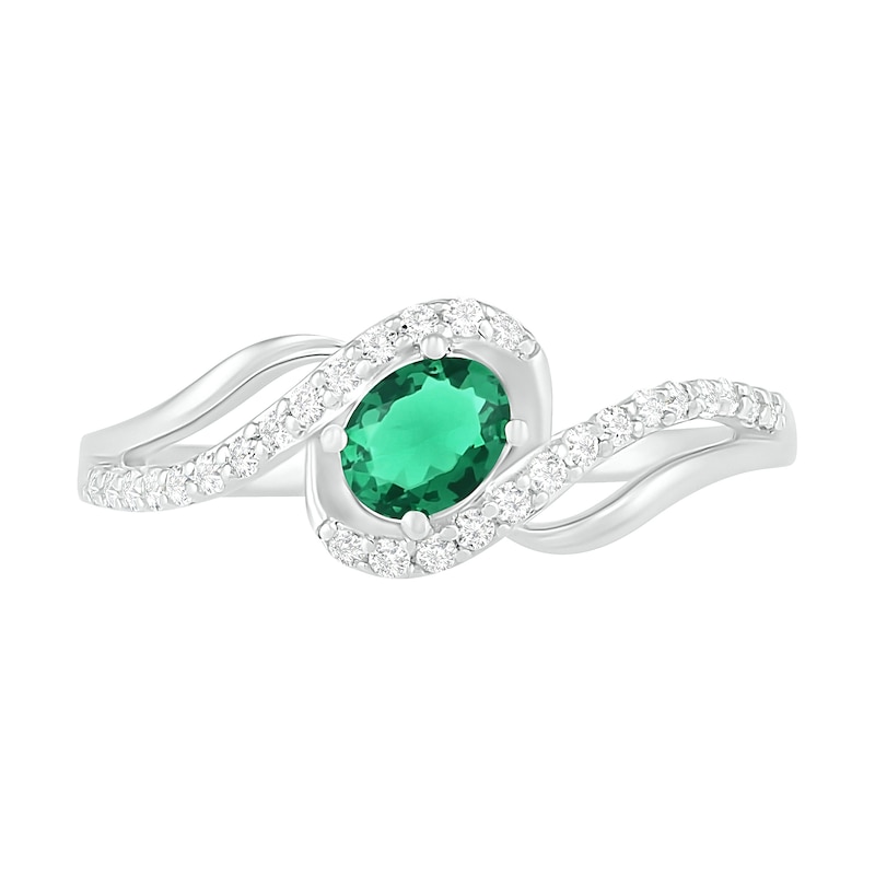 Oval Lab-Created Emerald and White Sapphire Bypass Frame Rolling Wave Ring in Sterling Silver