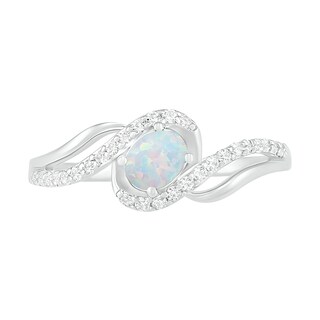 Oval Lab-Created Opal and White Sapphire Bypass Frame Rolling Wave Ring in Sterling Silver