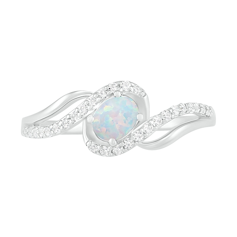 Oval Lab-Created Opal and White Sapphire Bypass Frame Rolling Wave Ring in Sterling Silver