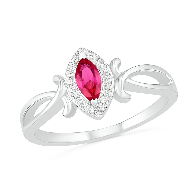 Marquise Lab-Created Ruby and 0.04 CT. T.W. Diamond Frame Crossover Split Shank Ring in Sterling Silver