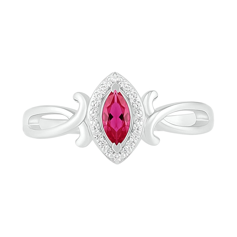 Marquise Lab-Created Ruby and 0.04 CT. T.W. Diamond Frame Crossover Split Shank Ring in Sterling Silver