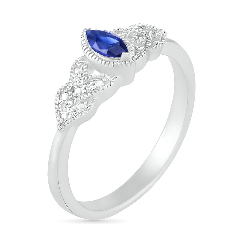 Marquise Lab-Created Blue Sapphire and Diamond Accent Layered Leaf-Sides Vintage-Style Ring in Sterling Silver