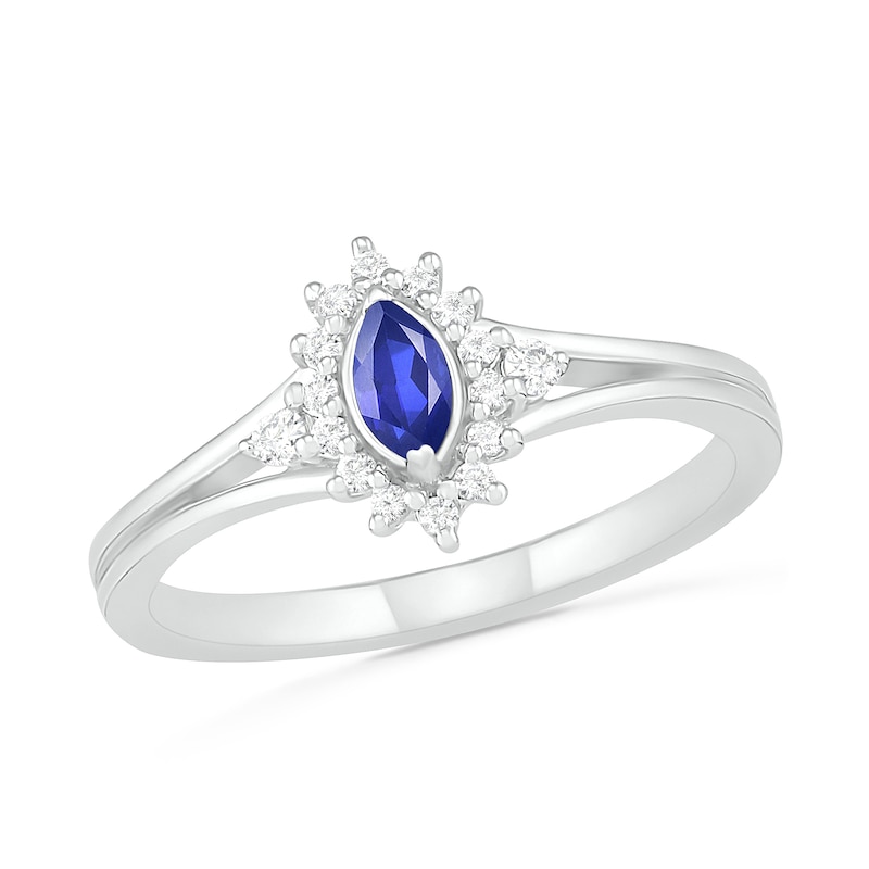 Marquise Lab-Created Blue and White Sapphire Starburst Frame Split Shank Ring in Sterling Silver|Peoples Jewellers