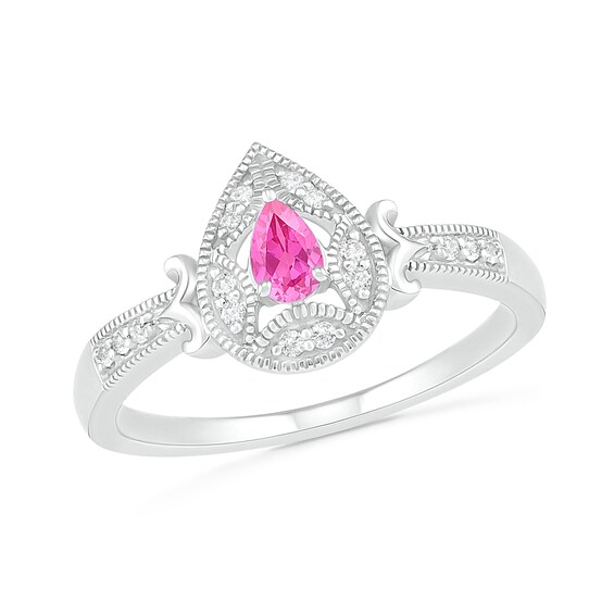Pear-Shaped Lab-Created Pink and White Sapphire Frame Scrolling Tapered Shank Vintage-Style Ring in Sterling Silver