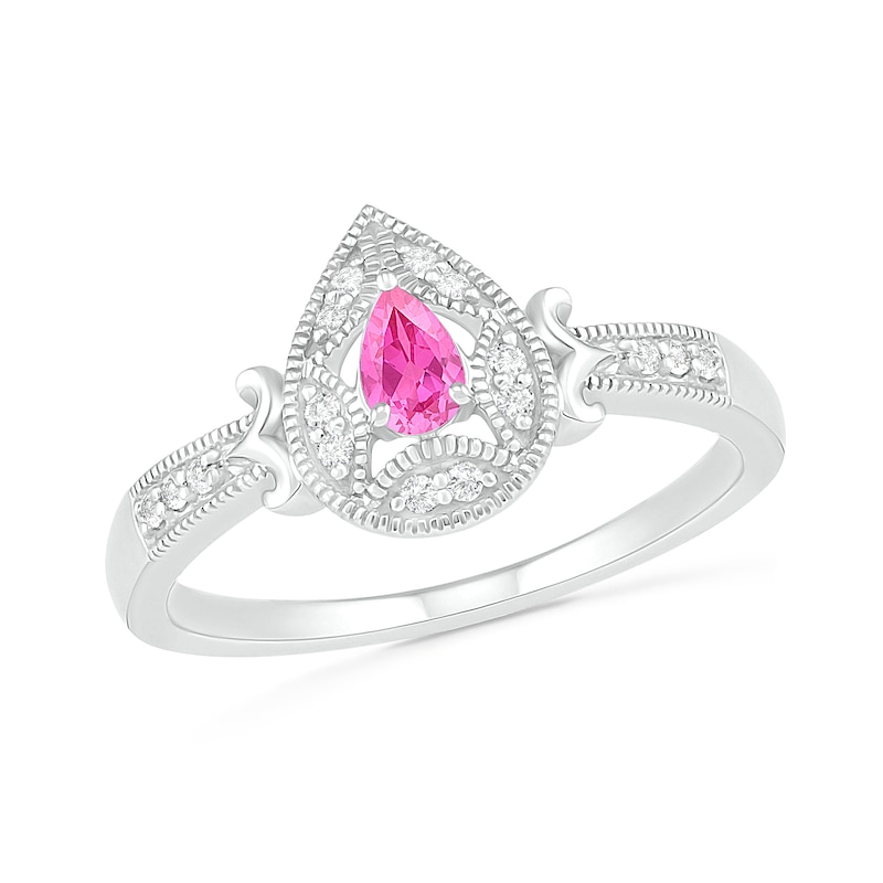 Pear-Shaped Lab-Created Pink and White Sapphire Frame Scrolling Tapered Shank Vintage-Style Ring in Sterling Silver