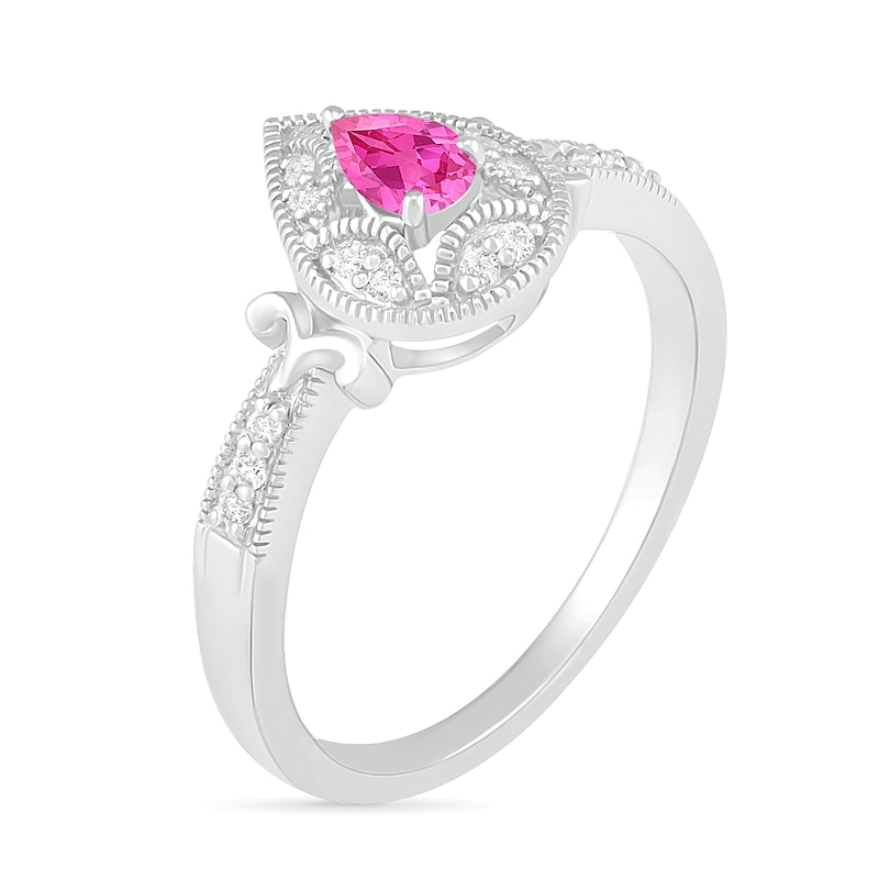 Pear-Shaped Lab-Created Pink and White Sapphire Frame Scrolling Tapered Shank Vintage-Style Ring in Sterling Silver