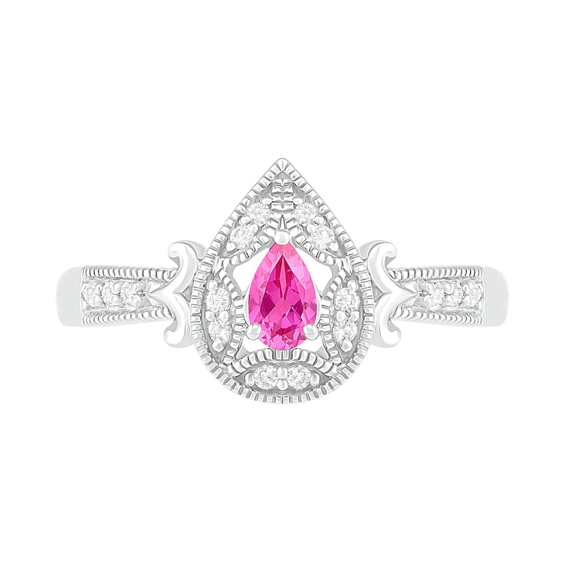 Pear-Shaped Lab-Created Pink and White Sapphire Frame Scrolling Tapered Shank Vintage-Style Ring in Sterling Silver