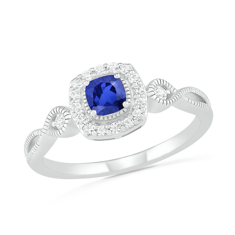 4.0mm Cushion-Cut Lab-Created Blue and White Sapphire Frame Infinity Shank Vintage-Style Ring in Sterling Silver