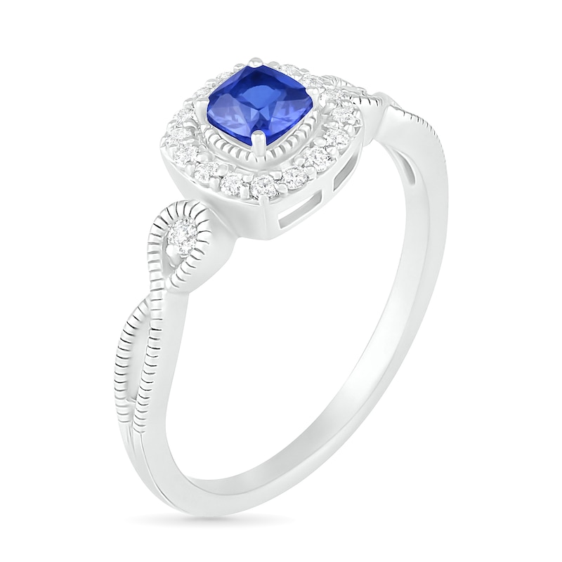 4.0mm Cushion-Cut Lab-Created Blue and White Sapphire Frame Infinity Shank Vintage-Style Ring in Sterling Silver